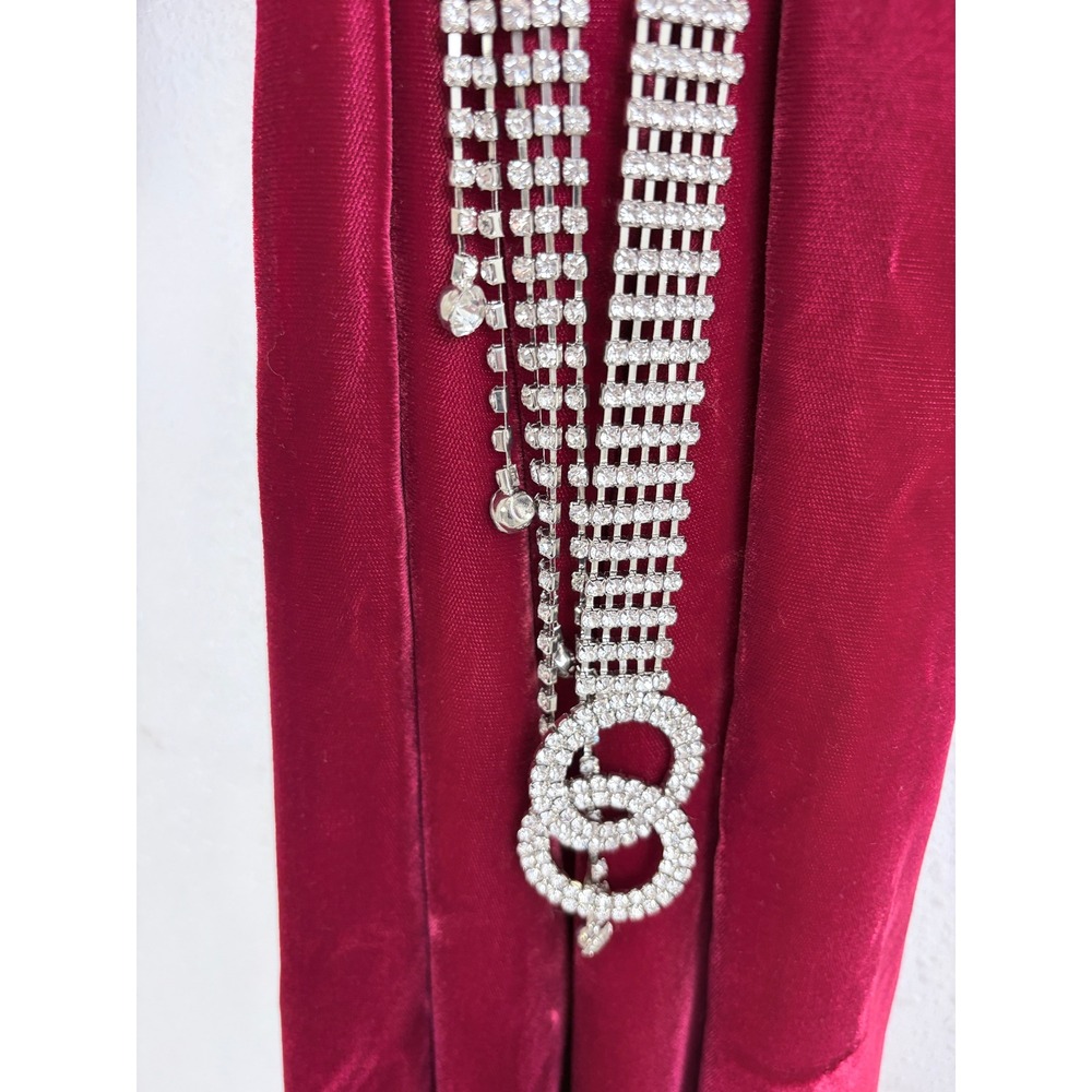 Y2K Glam Rhinestone Fringe Chain Belt Silver Crystal Double Circle OS